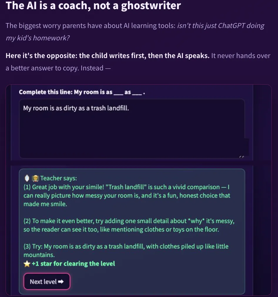 The AI is a coach, not a ghostwriter: the child writes first (My room is as dirty as a trash landfill), then the AI teacher names what works, suggests one small improvement, and offers an example. The child keeps their own sentence.