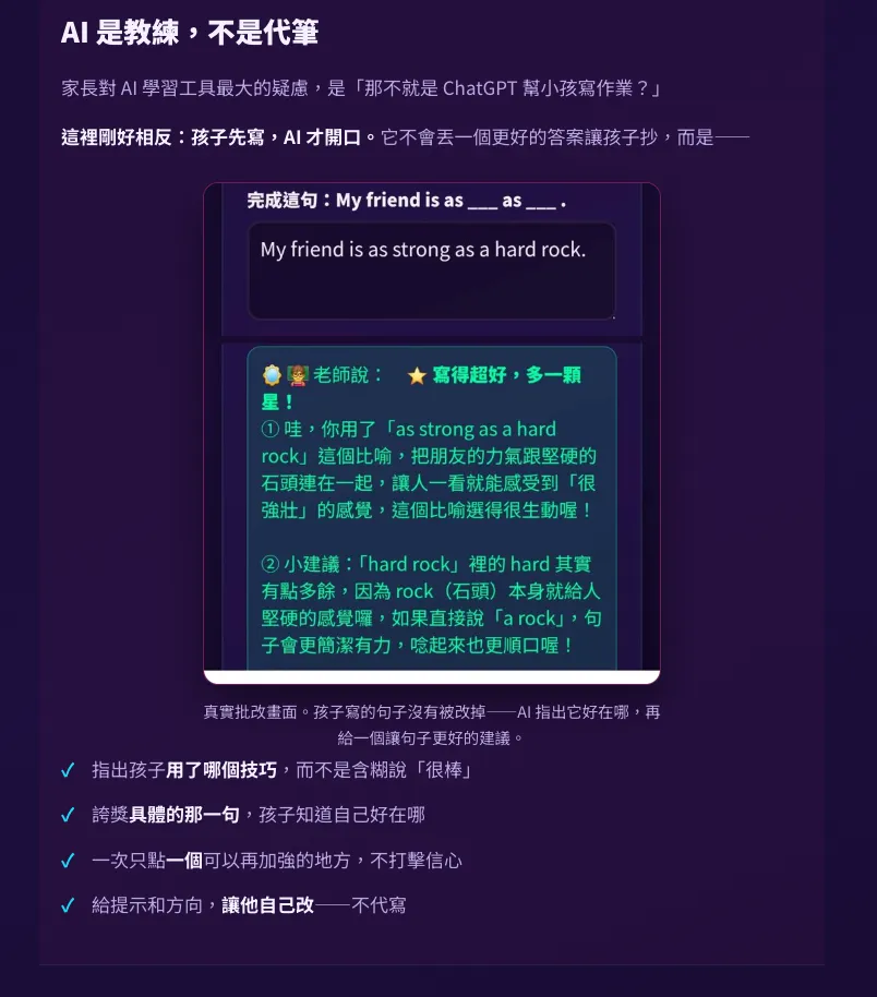 AI 是教練,不是代筆:孩子先寫出「My friend is as strong as a hard rock.」,AI 老師指出他用了哪個比喻、好在哪裡,再給一個讓句子更好的建議,孩子的句子沒有被改掉。
