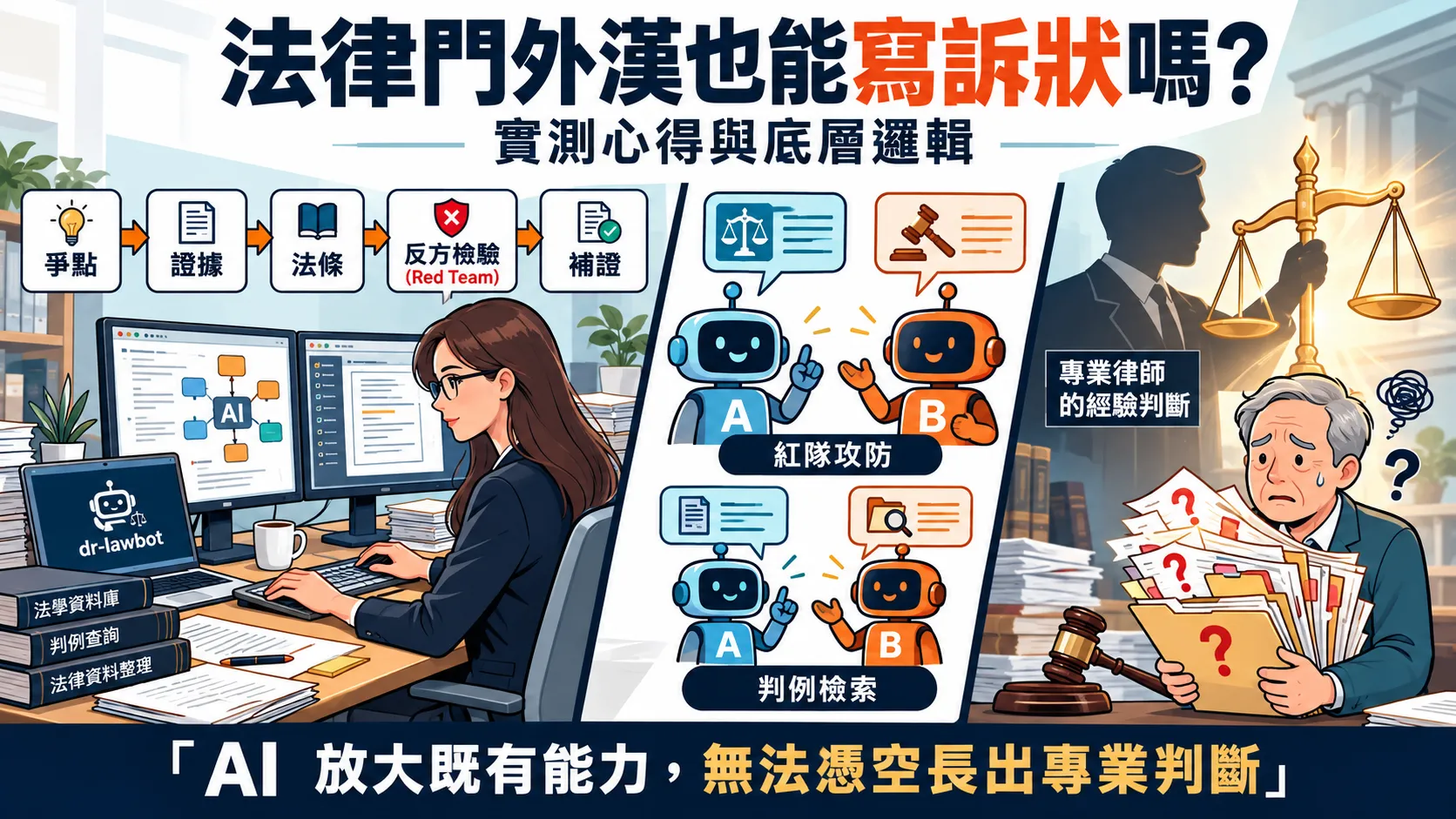 資訊圖:法律門外漢也能寫訴狀嗎?實測心得與底層邏輯。流程為爭點、證據、法條、反方檢驗、補證;AI 紅隊攻防與判例檢索;結論是 AI 放大既有能力,無法憑空長出專業判斷。